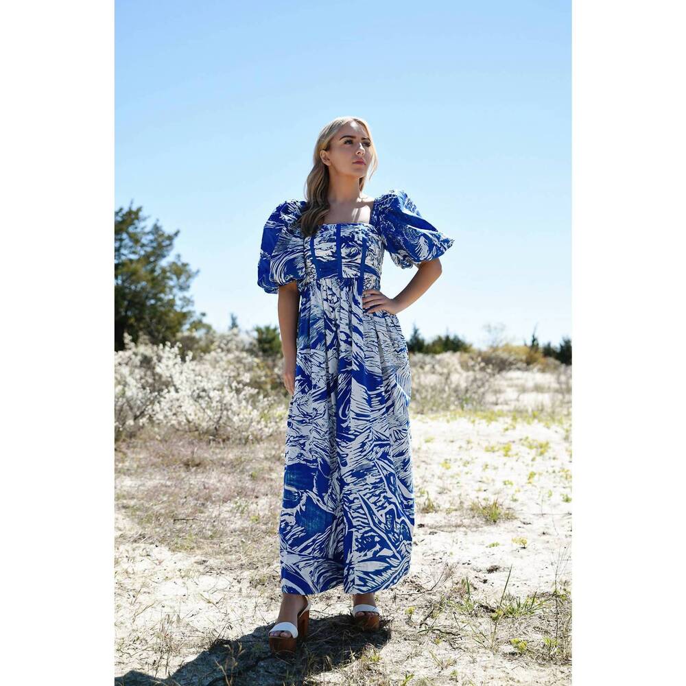 NEW JESSIE ZHAO printmaking square-neck cotton midi dress in blue